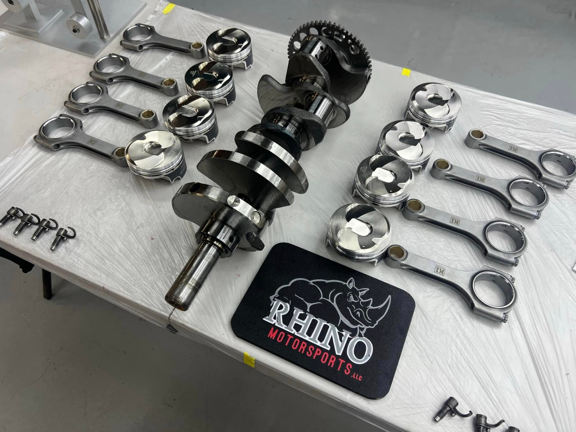 Engine components laid out for precision assembly